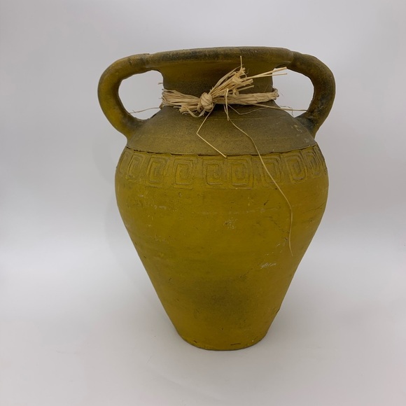 Vintage Greek Amphora Style Handmade Pottery Vase Pot Rustic Mustard Yellow 11”